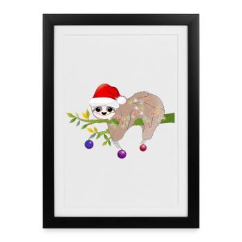 paresseux drôle avec chapeau de père Noël pour Noël - Affiche encadrée (27 × 37 cm) - noir - Devant