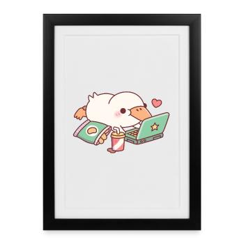 Cute Duck Chilling With Laptop And Potato Chips - Framed poster (27 × 37 cm) - black - Front