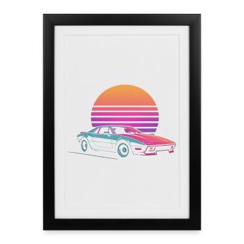 Vaporwave Auto Outrun Sunset Synthé des années 80 - Affiche encadrée (27 × 37 cm) - noir - Devant