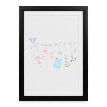 symboles colorés délicats maritimes sur la corde à linge - Affiche encadrée (27 × 37 cm) - noir - Devant