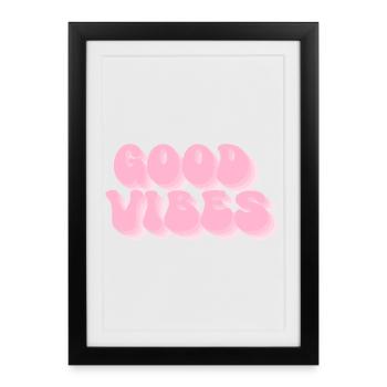 Positive Vibes - Police de bulles rétro - Affiche encadrée (27 × 37 cm) - noir - Devant