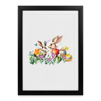 Two Easter bunnies in a sea of flowers - Framed poster (27 × 37 cm) - black - Front