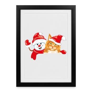 Waving happy snowman and ginger cat - Framed poster (27 × 37 cm) - black - Front