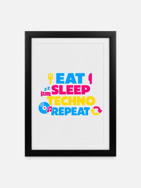 Eat Sleep Techno Repeat Farbexplosion - Indrammet plakat (27 × 37 cm) - sort