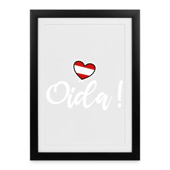 Oida! Österreich Herz I love Austria Dialekt Munda - Gerahmtes Poster (27 × 37 cm) - Schwarz - Vorne