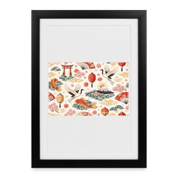 Les carpes koï et les grues dans le paysage japonais - Affiche encadrée (27 × 37 cm) - noir - Devant