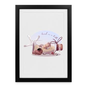Bouteille avec sable et coquillages illustration - Affiche encadrée (27 × 37 cm) - noir - Devant