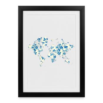 Carte du monde Fleurs Bleues - Affiche encadrée (27 × 37 cm) - noir - Devant