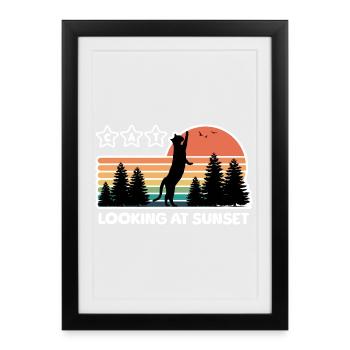 Chat noir regardant le coucher du soleil - Affiche encadrée (27 × 37 cm) - noir - Devant