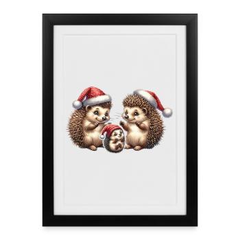Noël | Une jolie famille de hérissons - Affiche encadrée (27 × 37 cm) - noir - Devant