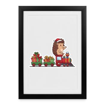 Train de hérissons de Noël avec des cadeaux - Affiche encadrée (27 × 37 cm) - noir - Devant