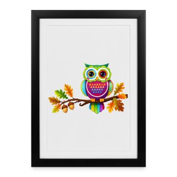 Hibou coloré sur une branche avec des feuilles d’automne - Affiche encadrée (27 × 37 cm) - noir - Devant