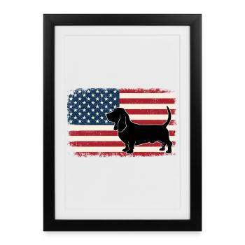 Basset Hound, drapeau américain - Papa de la mère de chien patriote - Affiche encadrée (27 × 37 cm) - noir - Devant