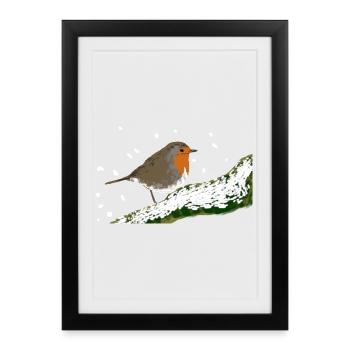 Rouge-gorge motif hivernal neige oiseau branche - Affiche encadrée (27 × 37 cm) - noir - Devant