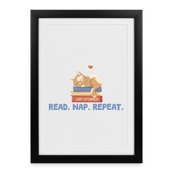 Cat on Books with Saying Read. Nap. Repeat. - Framed poster (27 × 37 cm) - black - Front