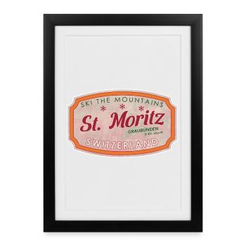 St Moritz Mountain Ski Label - Framed poster (27 × 37 cm) - black - Front