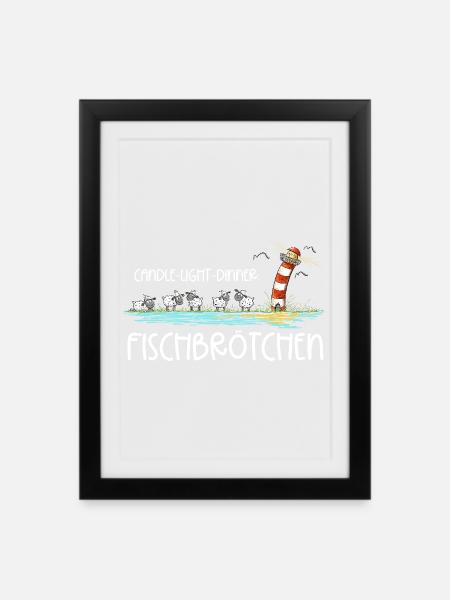 Candle Light Dinner Fischbrötchen Meer Spruch - Gerahmtes Poster (27 × 37 cm) - Schwarz