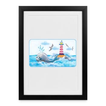 Lustiger Wal am Leuchtturm - handgemalt - Gerahmtes Poster (27 × 37 cm) - Schwarz - Vorne