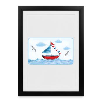 Voilier bleu sur la mer - peint à la main - Affiche encadrée (27 × 37 cm) - noir - Devant