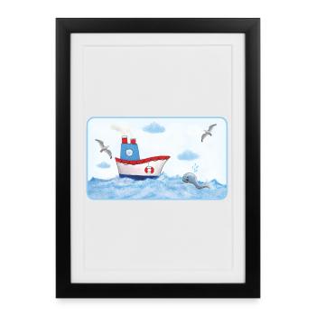 Petit bateau côtier au bord de la mer avec une baleine - Affiche encadrée (27 × 37 cm) - noir - Devant