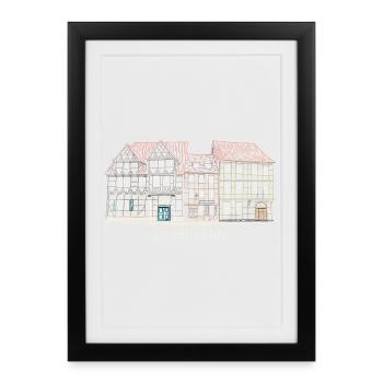 Quedlinburg, ville du patrimoine mondial en Allemagne, dessin - Affiche encadrée (27 × 37 cm) - noir - Devant