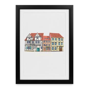 Quedlinburg, ville du patrimoine mondial en Allemagne, dessin - Affiche encadrée (27 × 37 cm) - noir - Devant