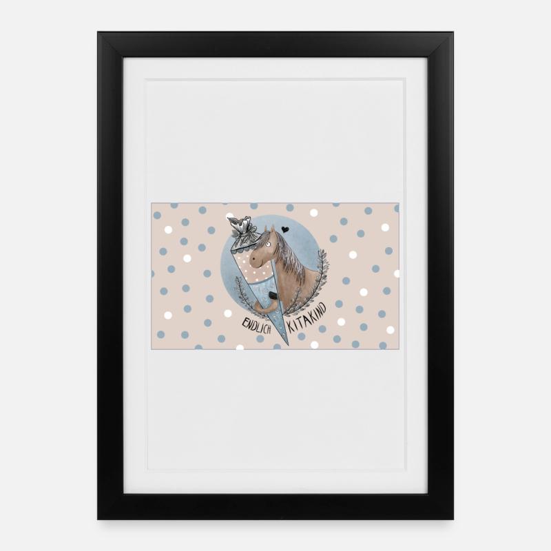 Endlich KITAKIND Pferd mit Schultüte BLAU - Gerahmtes Poster (27 × 37 cm) - Schwarz