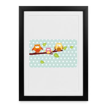 Petits hiboux avec astérisque menthe | Personnalisable - Affiche encadrée (27 × 37 cm) - noir - Devant