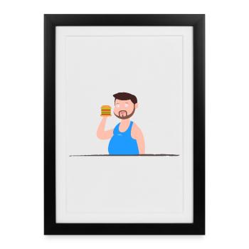 Un homme en maillot de corps veut manger des hamburgers - Affiche encadrée (27 × 37 cm) - noir - Devant