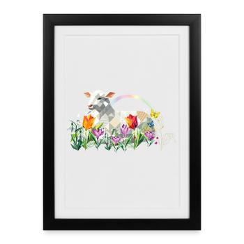 Agneau de printemps aux fleurs et papillons - Affiche encadrée (27 × 37 cm) - noir - Devant