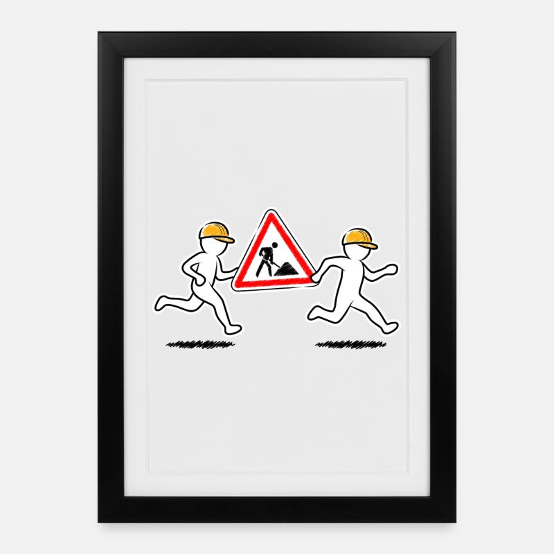 Two construction workers carry a construction site sign - Framed poster (27 × 37 cm) - black