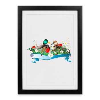 Couple de canards dans le lac avec une rive printanière - Affiche encadrée (27 × 37 cm) - noir - Devant