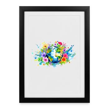La Terre Entourée De Fleurs, Aquarelle, Esquissé - Affiche encadrée (27 × 37 cm) - noir - Devant