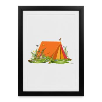 Tente rétro dans un paysage forestier avec des animaux et des plantes - Affiche encadrée (27 × 37 cm) - noir - Devant