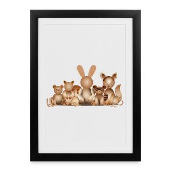 Illustration aspect bois – Groupe d’animaux ludique - Affiche encadrée (27 × 37 cm) - noir - Devant