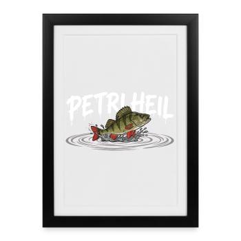 PETRI HEIL – Angler greeting with perch - Framed poster (27 × 37 cm) - black - Front