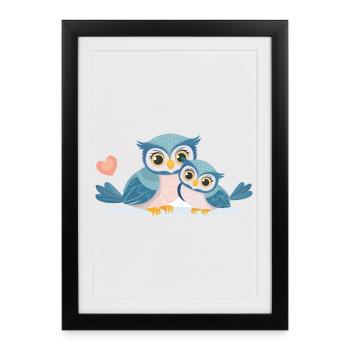 Eulenmama mit Kind - Gerahmtes Poster (27 × 37 cm) - Schwarz - Vorne