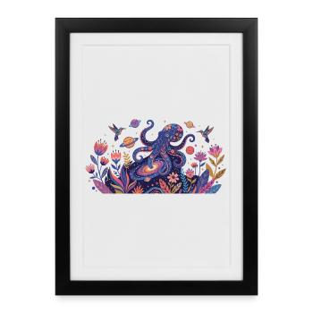 Cosmic Octopus in the Realm of Flowers Abstract Art - Framed poster (27 × 37 cm) - black - Front