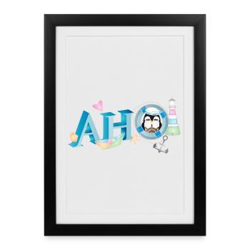 Salutation de marin avec lettrage Ahoi avec un marin pingouin - Affiche encadrée (27 × 37 cm) - noir - Devant