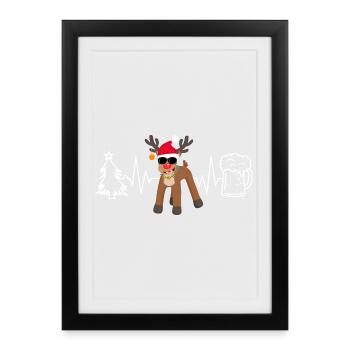 Rentier mit Bier Weihnachtsbaum Herzschlag EKG - Gerahmtes Poster (27 × 37 cm) - Schwarz - Vorne
