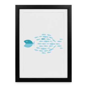 Silhouette d’école bleue - les petits poissons mangent les gros poissons - Affiche encadrée (27 × 37 cm) - noir - Devant