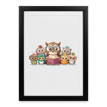Cute Owl Family Reading Story Together Art - Framed poster (27 × 37 cm) - black - Front