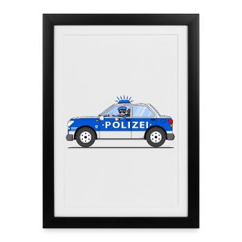 Police car with policeman in blue and silver - Framed poster (27 × 37 cm) - black - Front