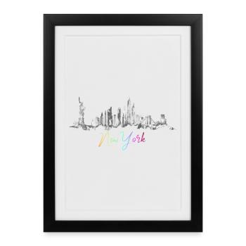Urban Skyline Watercolor Design, New York, NYC - Affiche encadrée (27 × 37 cm) - noir - Devant