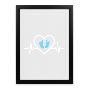 Schwangerschaftsankündigung Herz Blaue Fußabdrücke Junge - Gerahmtes Poster (27 × 37 cm) - Schwarz - Vorne