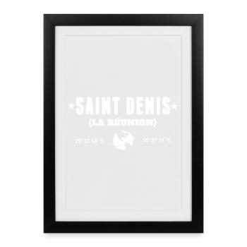 Saint Denis Reunion Coordonnées Blanc - Affiche encadrée (27 × 37 cm) - noir - Devant