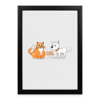 Illustration joyeuse d’un chat et d’un chien. - Affiche encadrée (27 × 37 cm) - noir - Devant