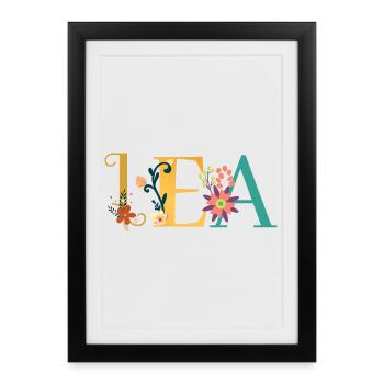 LEA Name Art avec fleurs brodées - Affiche encadrée (27 × 37 cm) - noir - Devant