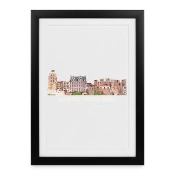 Panorama du palais de Heidelberg, dessin à la main - Affiche encadrée (27 × 37 cm) - noir - Devant