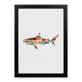Shark Sunset Palm Trees Beach Tropical Idyll - Framed poster (27 × 37 cm) - black - Front